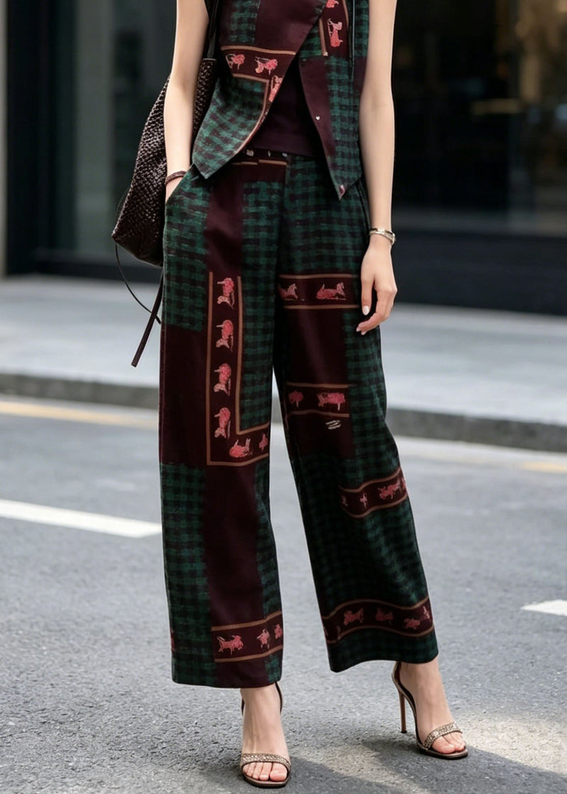 New Chinese Style Print Sleeveless Top and Wide Leg Pants Two Pieces Set