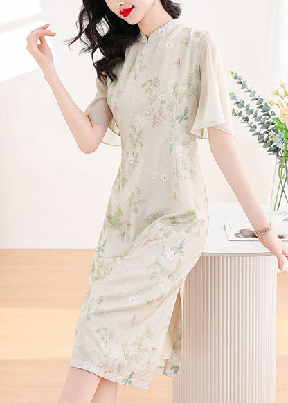 New Chinese Style Stand Collar Print Chiffon Dress Butterfly Sleeve