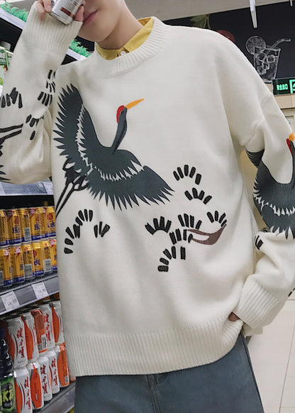 New Coffee O Neck Print Knit Sweater Spring