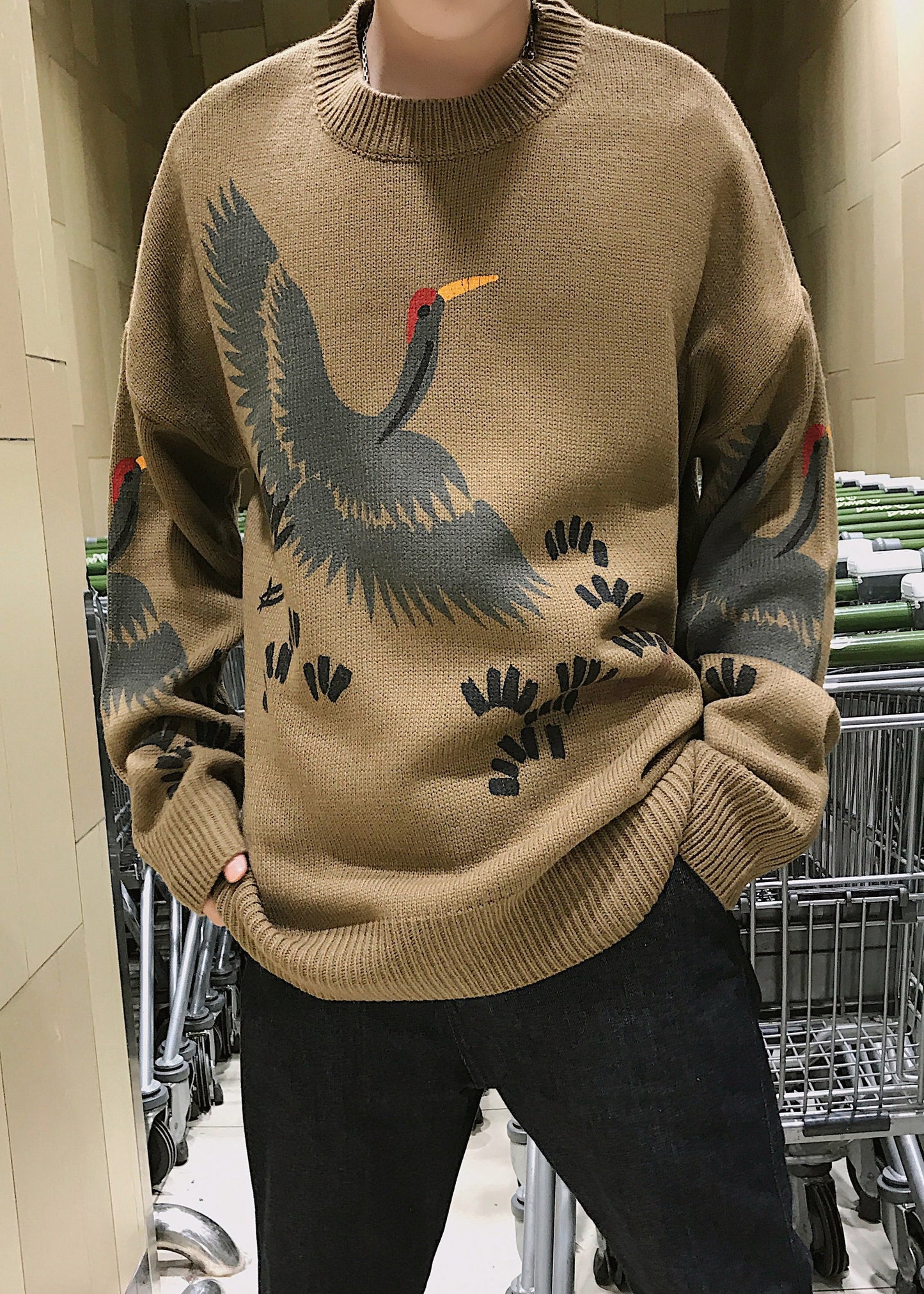 New Coffee O Neck Print Knit Sweater Spring