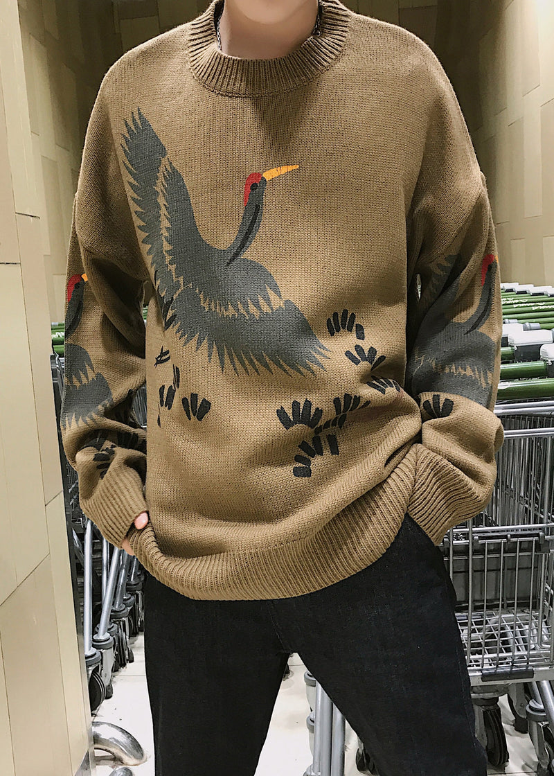 New Coffee O Neck Print Knit Sweater Spring
