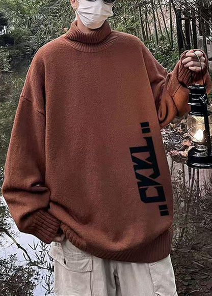 New Coffee Turtleneck Print Knit Sweaters Winter