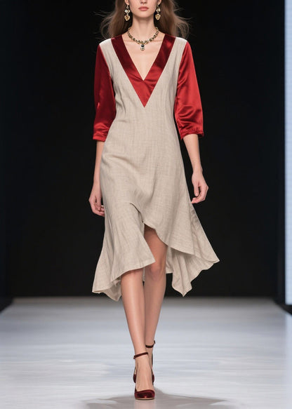 New Colorblock Asymmetrical Design Patchwork Linen Silk Dress Summer
