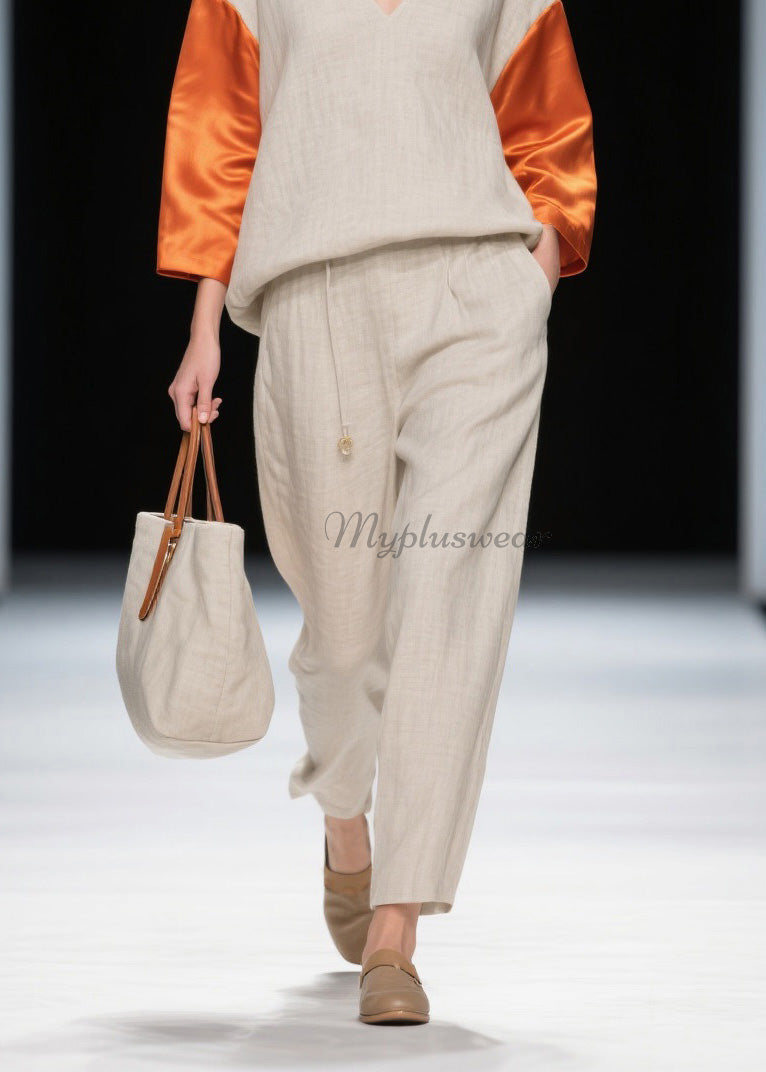 New Colorblock V Neck Patchwork Linen Silk Two-piece Set Spring