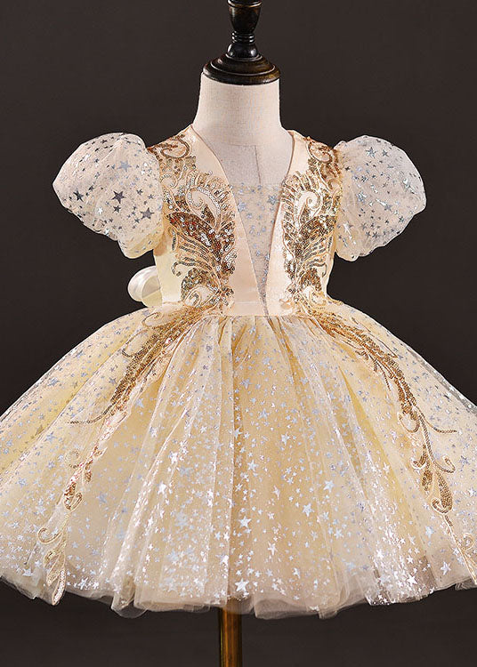 New Gold Sequins Wrinkled Bow Patchwork Tulle Kids Party Dress Summer