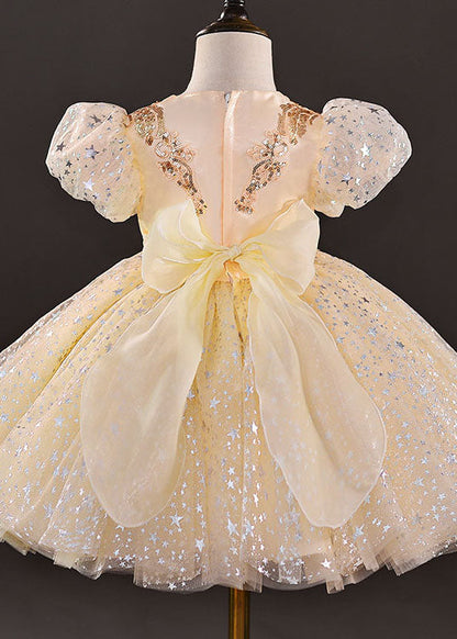 New Gold Sequins Wrinkled Bow Patchwork Tulle Kids Party Dress Summer