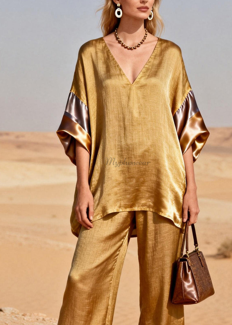 New Gold V Neck Patchwork Linen Silk Two Piece Suit Set Spring