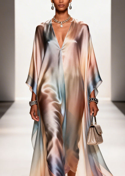 New Gradient Color V Neck Chiffon Long Dress Summer