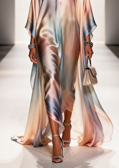 New Gradient Color V Neck Chiffon Long Dress Summer