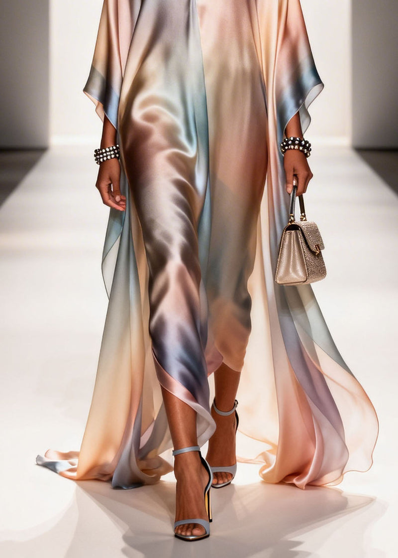 New Gradient Color V Neck Chiffon Long Dress Summer