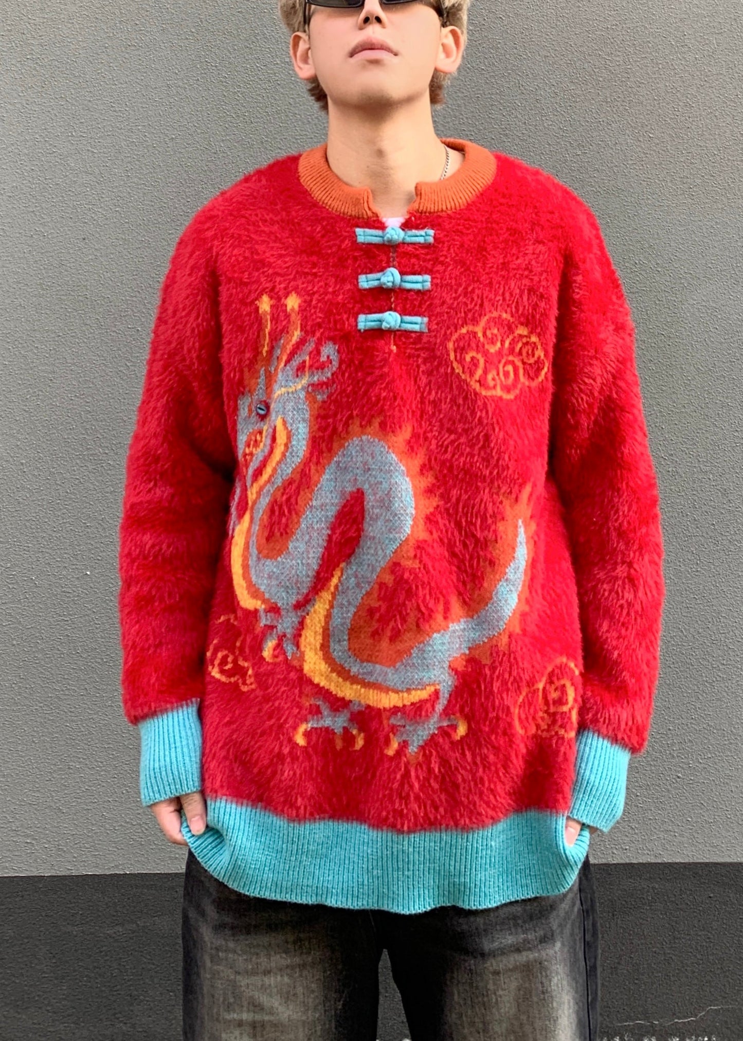 New Green Button Dragon Patchwork Mink Velvet Sweaters Spring