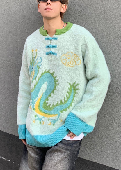 New Green Button Dragon Patchwork Mink Velvet Sweaters Spring