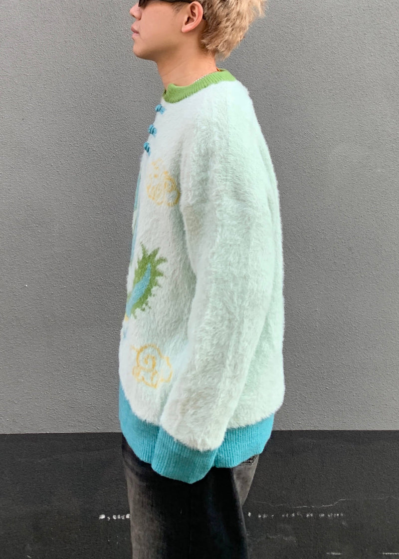 New Green Button Dragon Patchwork Mink Velvet Sweaters Spring
