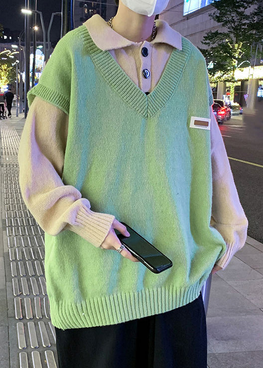 New Green Button Patchwork False Two Pieces Knit Sweaters Spring