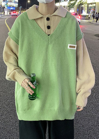 New Green Button Patchwork False Two Pieces Knit Sweaters Spring