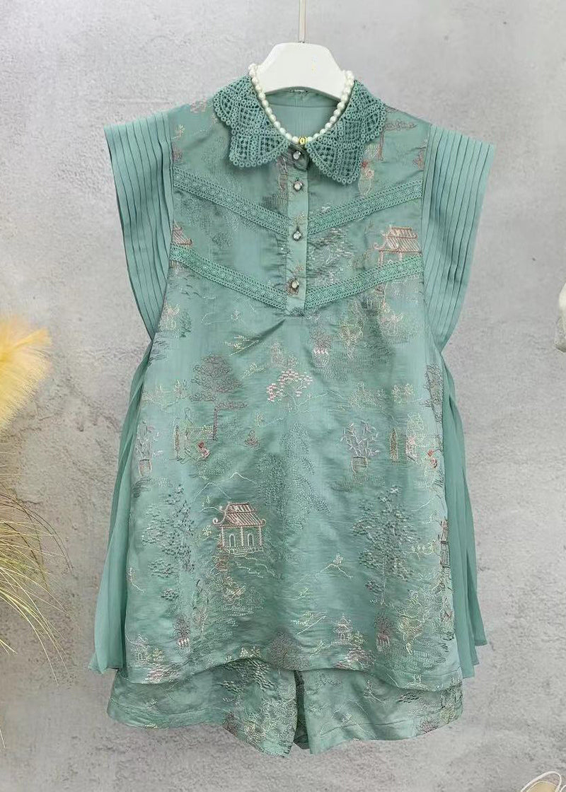 New Green Embroidered Tops and Shorts Cotton Sets 2 Pieces Sleeveless