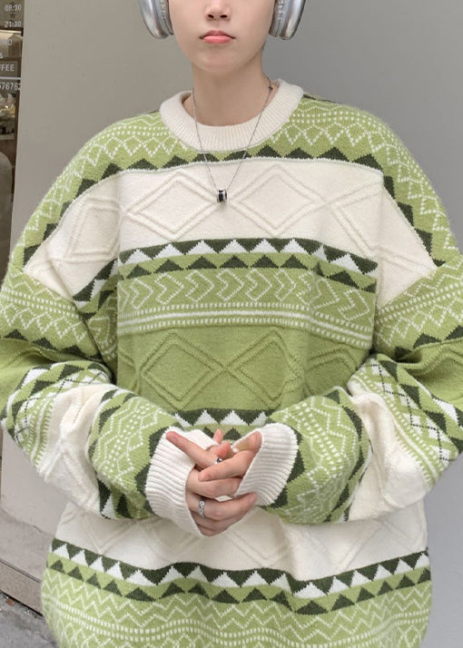 New Green O Neck Cozy Patchwork Knit Sweaters Fall