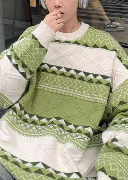 New Green O Neck Cozy Patchwork Knit Sweaters Fall