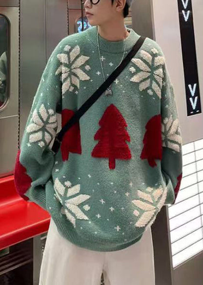 New Green O Neck Cozy Patchwork Knit Sweaters Fall