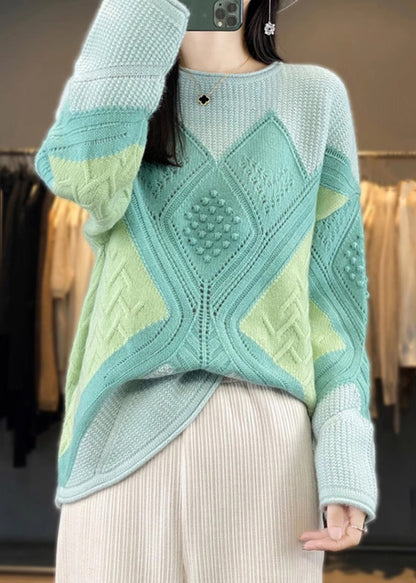 New Green O-neck Patchwork Woolen Knit Sweater Spring