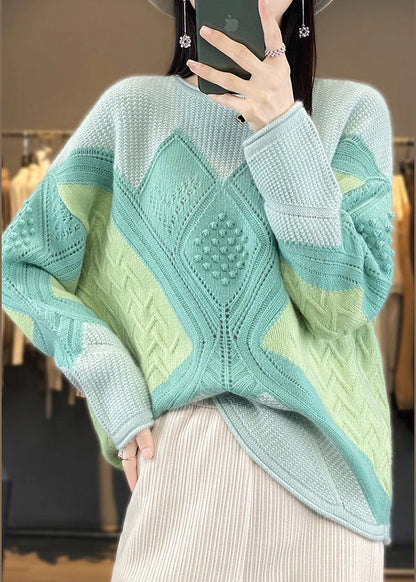 New Green O-neck Patchwork Woolen Knit Sweater Spring