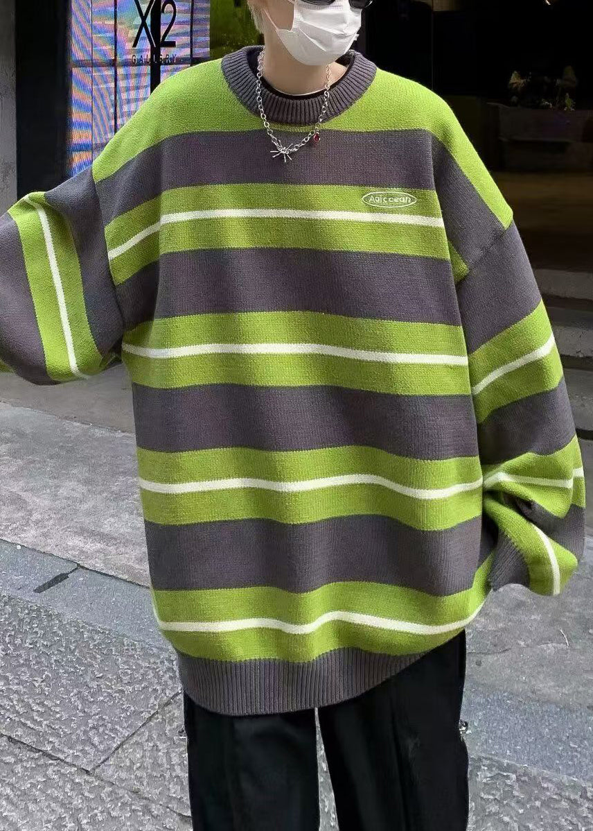 New Green O Neck Striped Knit Sweaters Winter
