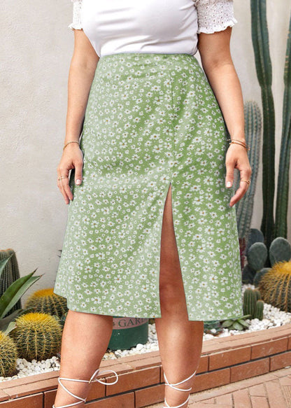 New Green Print Ruffled Patchwork Cotton Skirt Summer