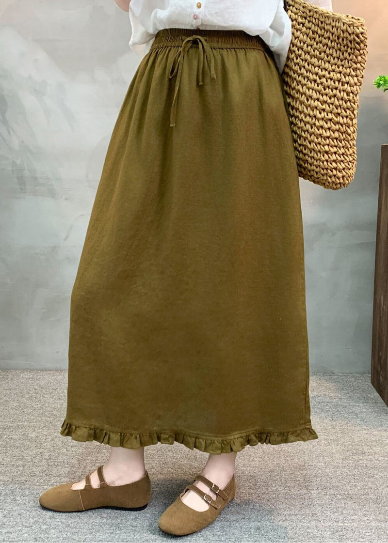 New Green Ruffled Patchwork Elastic Waist Linen Skirt Summer