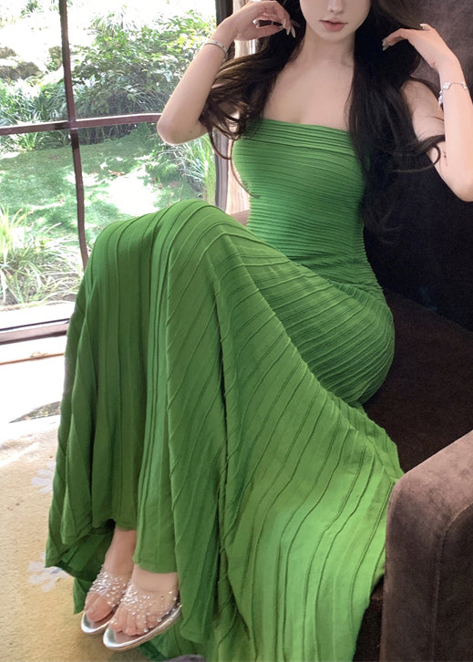 New Green Strapless Wrinkled Knitting Cotton Long Dresses Sleeveless