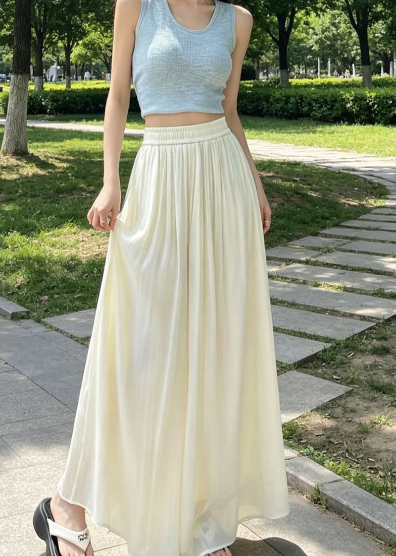 New Grey Elastic Waist Patchwork Linen Silk Wide Leg Pants Summer