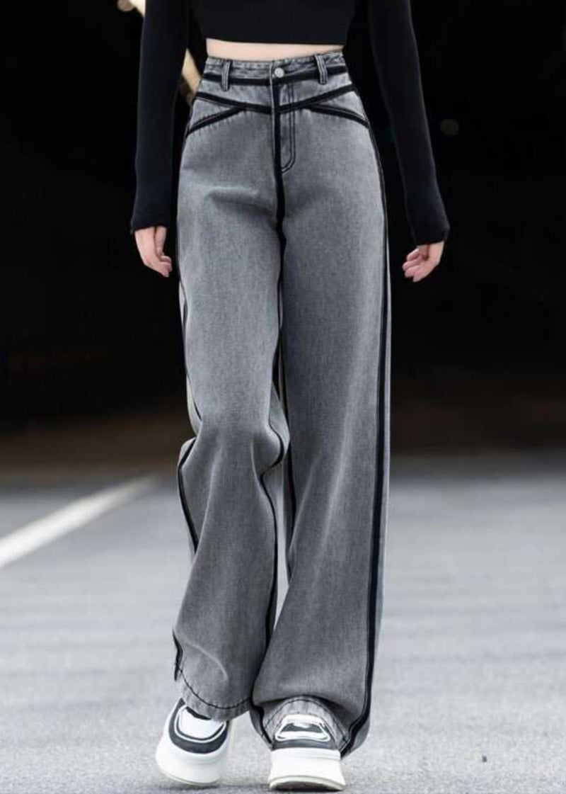 New Grey Pockets Striped Patchwork Denim Pants Spring