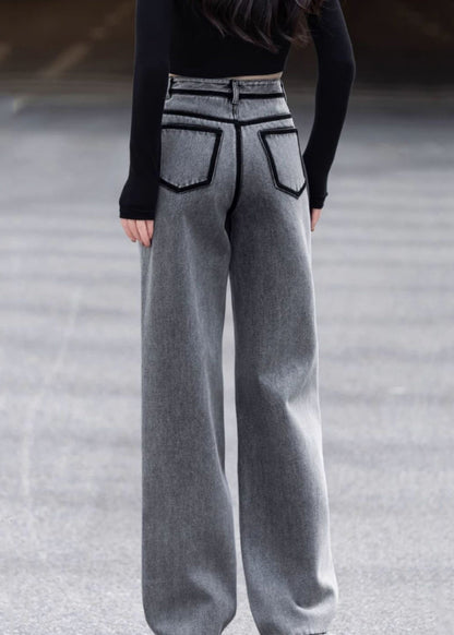 New Grey Pockets Striped Patchwork Denim Pants Spring