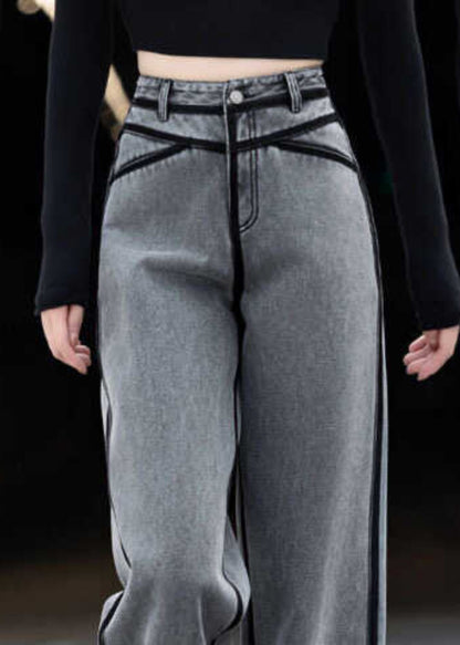 New Grey Pockets Striped Patchwork Denim Pants Spring