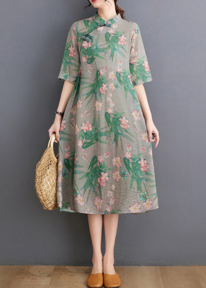 New Grey Stand Collar Print Cotton Dress Half Sleeve