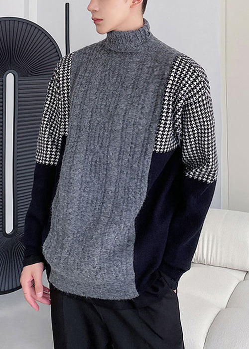 New Grey Turtleneck Patchwork Knit Sweater Winter