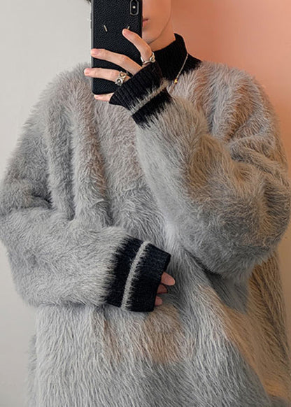 New Grey Turtleneck Patchwork Mink Velvet Sweaters Winter