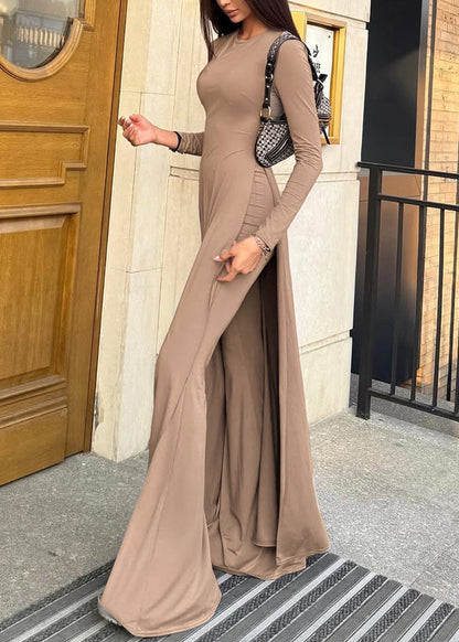 New Khaki O Neck Side Open Cotton Two-piece Set Spring