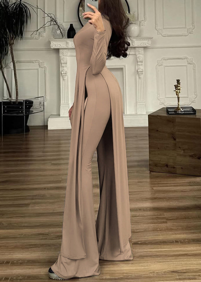 New Khaki O Neck Side Open Cotton Two-piece Set Spring