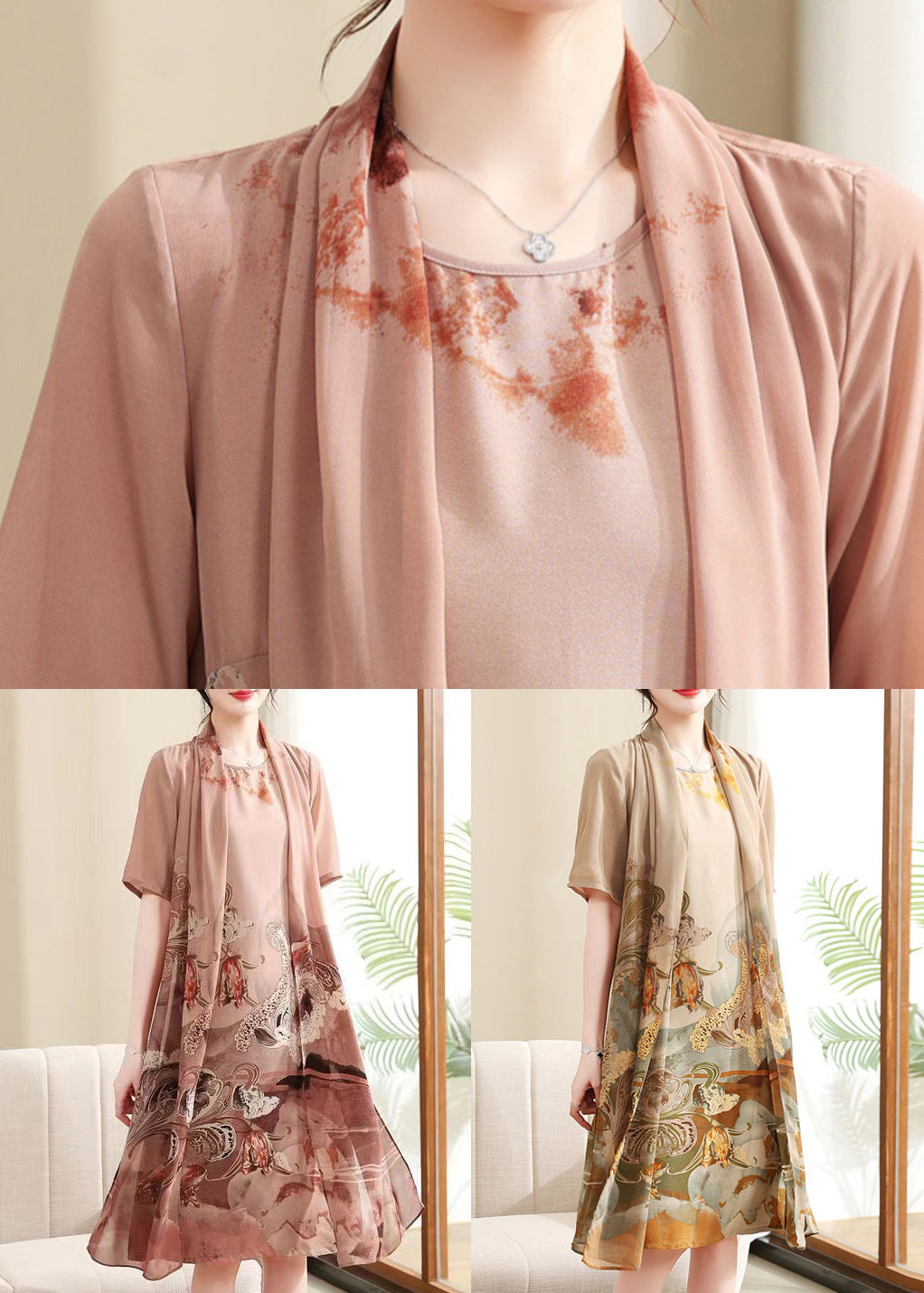 New Khaki Print False Two Pieces Chiffon Dress Summer