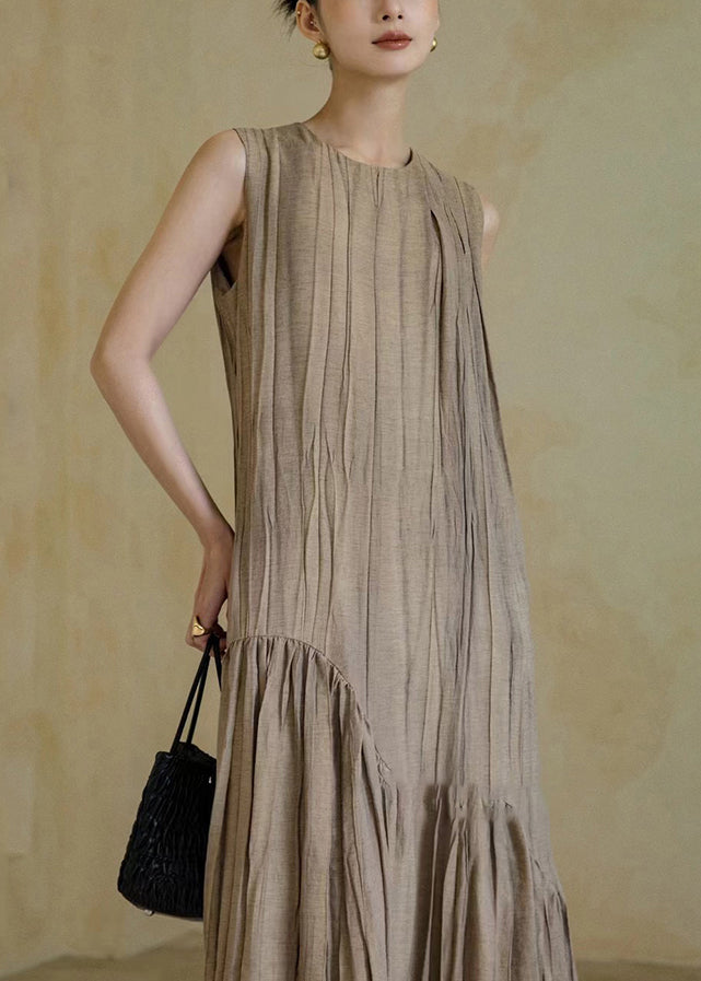 New Khaki Wrinkled Patchwork Cotton Long Dresses Sleeveless