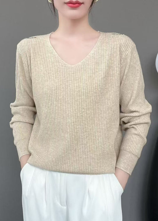 New Khaki V Neck Knit Sweater Fall