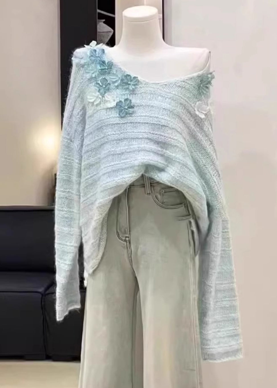 New Light Blue Cold Shoulder Knit Sweaters Spring