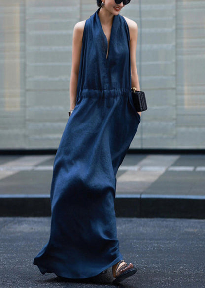 New Light Blue Pockets Tie Waist Linen Robe Dresses Sleeveless