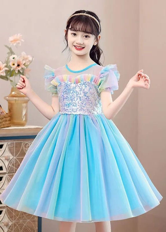 New Light Blue Ruffled Sequins Patchwork Tulle Baby Party Dress Summer