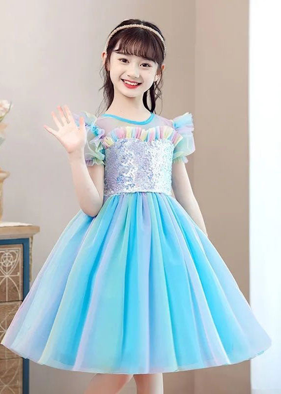 New Light Blue Ruffled Sequins Patchwork Tulle Baby Party Dress Summer