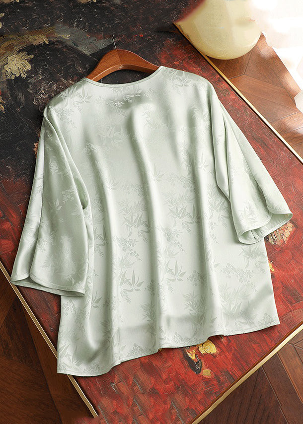 New Light Green O-neck Button Silk Blouses Bracelet Sleeve