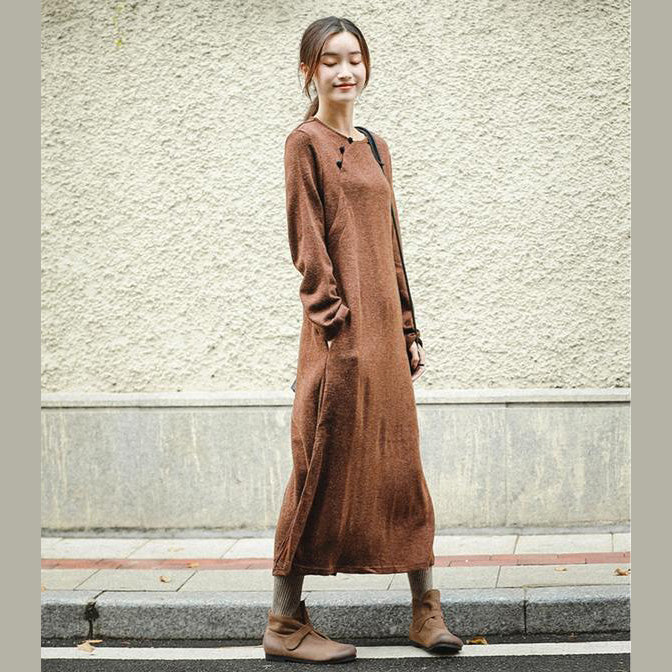 New Loose Brown Knitted Maxi Dresses Clothes