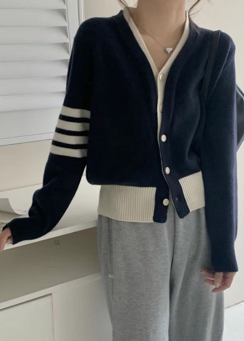 New Navy Button False Two Pieces Cotton Knit Coats Fall