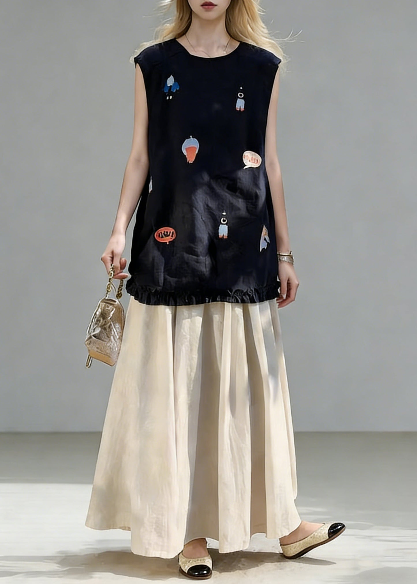 New Navy Print Ruffled Tops and Linen Skirts Two Piece Set Summe