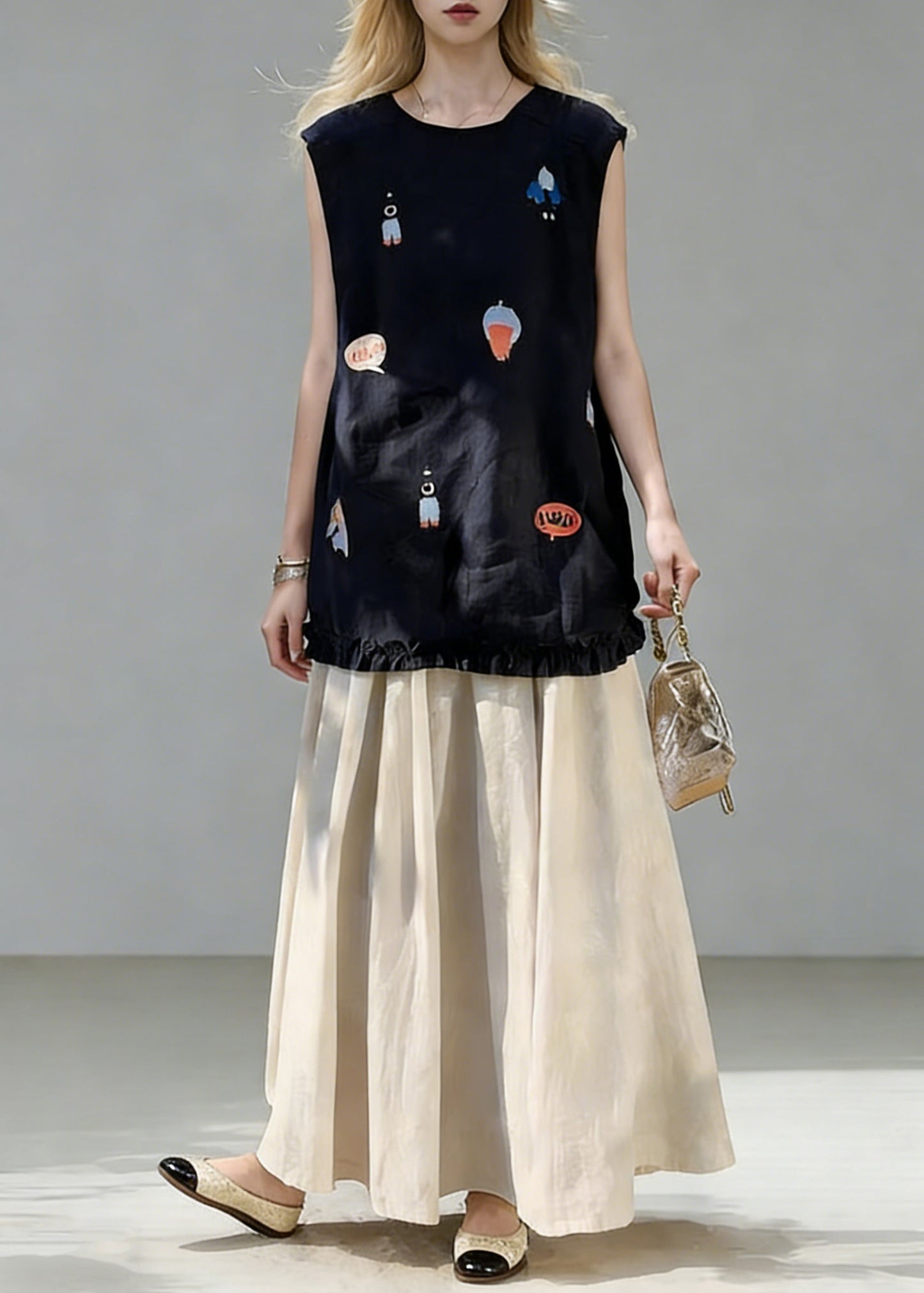 New Navy Print Ruffled Tops and Linen Skirts Two Piece Set Summe
